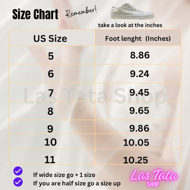 Puede incluir: Una tabla de tallas de zapatos, que muestra las tallas de zapatos de EE. UU. y las longitudes de pies correspondientes en pulgadas. La tabla incluye las tallas 5 a 11, con longitudes de pies que van de 8,86 a 10,25 pulgadas. La tabla tambi&eacute;n incluye instrucciones para tallas anchas y medias tallas.