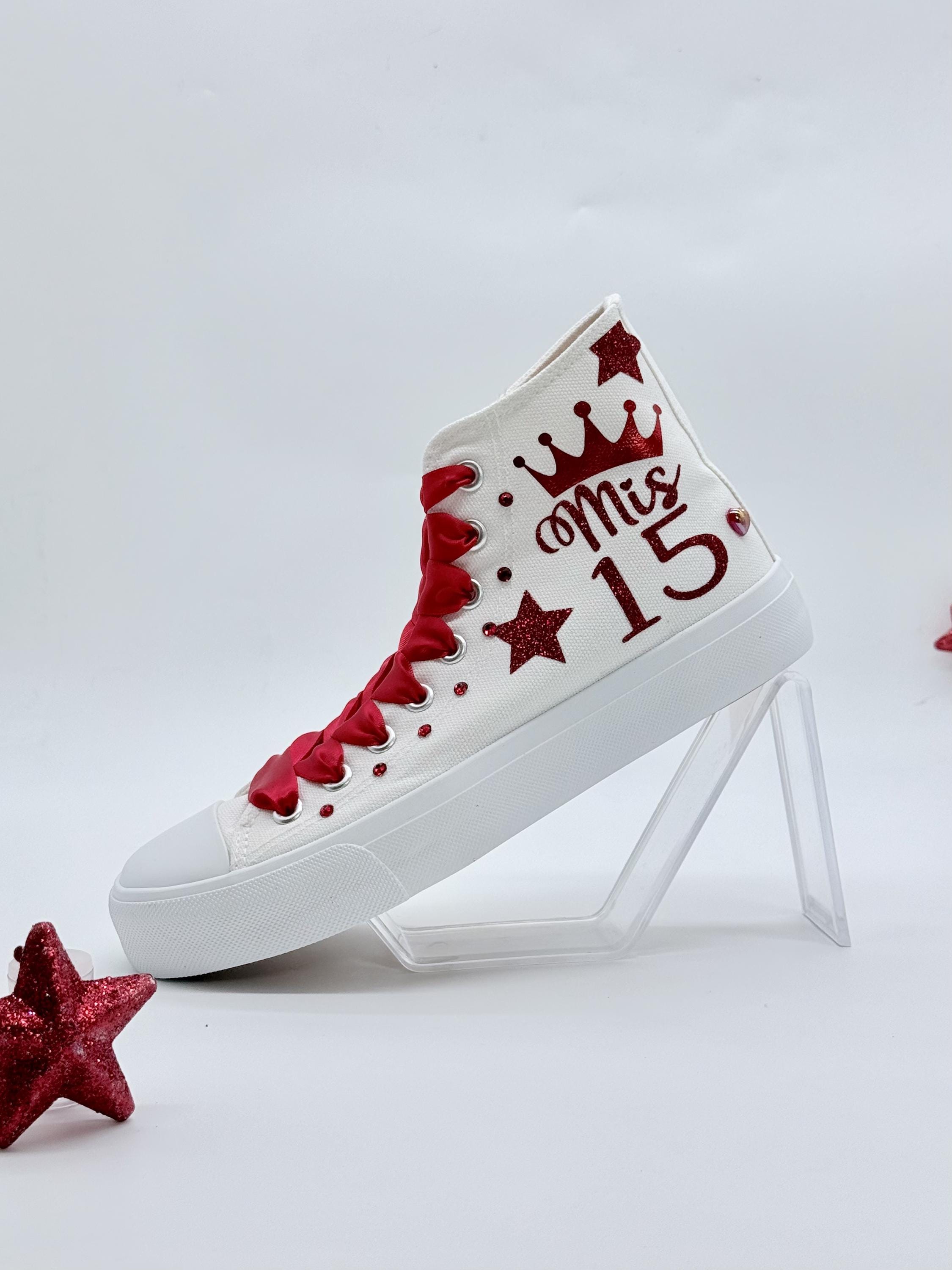 Personalized Quinceañera High-Top Sneakers: Red Crown, Satin Laces