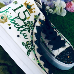Emerald Green Floral Quinceañera Sneakers: Personalized Birthday Gift