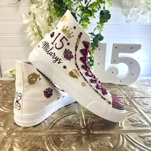 Custom Quinceañera Sneakers: Burgundy Flowers, Rhinestone Princess Shoes