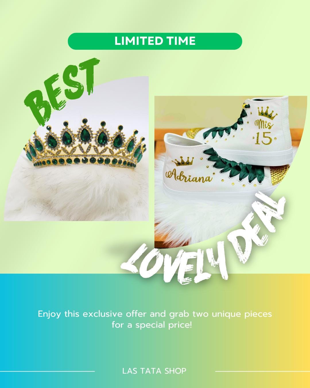 Quinceañera Set Gift: Emerald Quinceañera Sneaker personalized and Crystal Gold Rhinestone