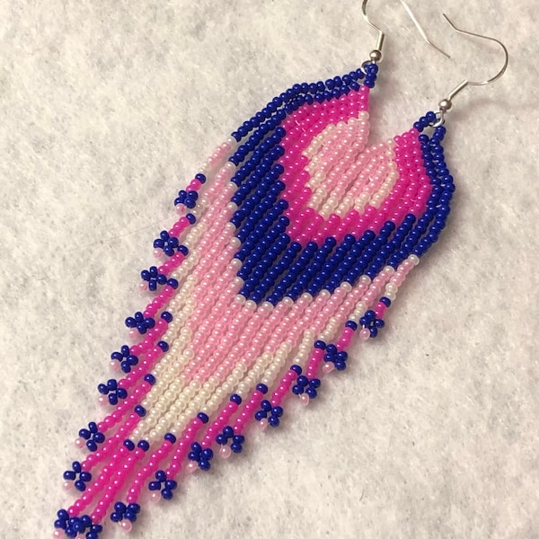 Navy & Pink Beaded Earrings, Seed bead earrings, feather earrings, angel wings earrings, Fringe earrings