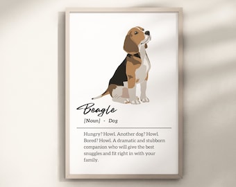 Könnte beinhalten: Eine druckbare Illustration eines Beagle-Hundes mit dem Text "Beagle [Substantiv] Hund Hungrig? Heulen. Ein anderer Hund? Heulen. Langweilig? Heulen. Ein dramatischer und sturer Begleiter, der die besten Kuschelstunden bietet und perfekt in Ihre Familie passt."