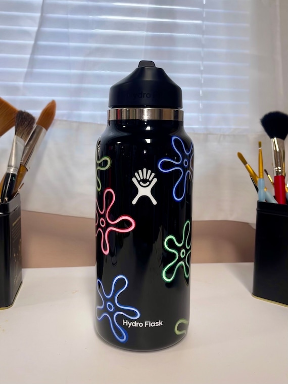 Handpainted Hydroflask: Neon Flowers, Fun Design, 32oz Water Bottle