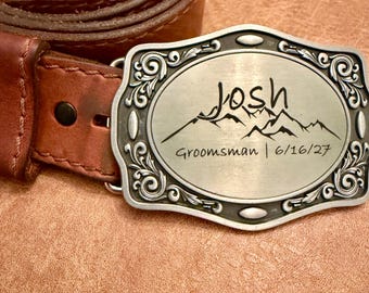 Personalized Western Belt Buckle, Custom Engraved Groomsman Best Man Wedding Gift