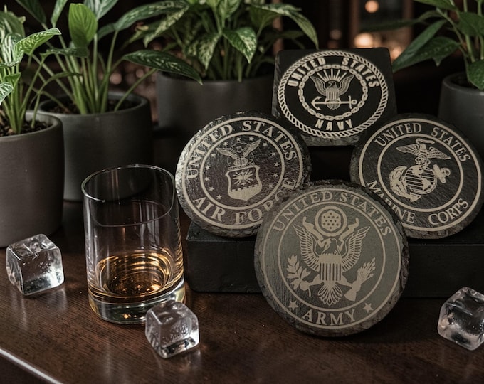 Featured listing image: Custom Military Set of 4 Slate Coasters | Laser Engraved US Army, Navy, Air Force, Marines