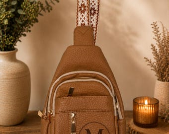 Personalized Leather Sling Bag Crossbody Backpack Chest Pack Custom Engraved Monogram Gift Travel Organizer Pouch Shoulder