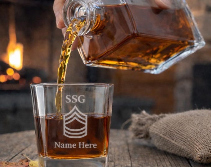 Featured listing image: Custom Army NCO Whiskey Decanter Set 750ml | Engraved Rank and Name Military Gift