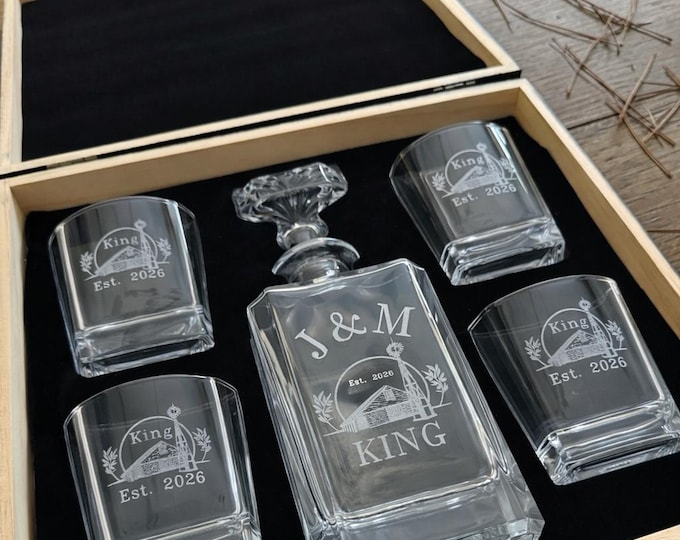 Featured listing image: Personalized Whiskey Decanter Set 750ml with 4 Engraved Glasses | Custom Barware Gift