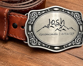 Personalized Western Belt Buckle, Custom Engraved Groomsman Best Man Wedding Gift