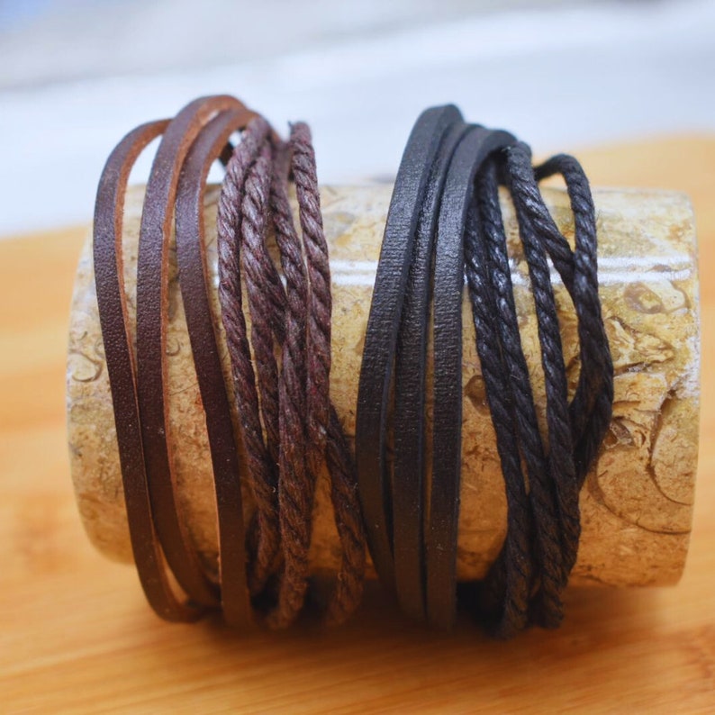 Mens Leather Bracelet Woven Braided Adjustable Brown or Black Gifts for Him image 1