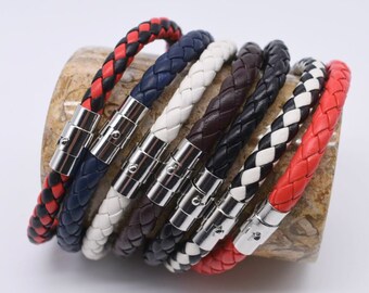 Bracelet en cuir pour homme tissé coloré tressé réglable rouge bleu blanc marron ou noir Cadeau pour lui