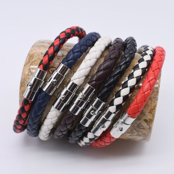 Mens Leather Bracelet Woven Colourful Braided Adjustable Red Blue White Brown or Black Gifts for Him