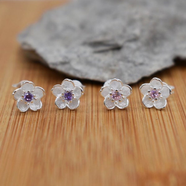 Boucles d'oreilles en argent sterling avec fleurs, lilas rose, fleurs de cerisier, boucles d'oreilles Sakura, bijoux mignons, jolies boucles d'oreilles, étiquette cadeau personnalisée