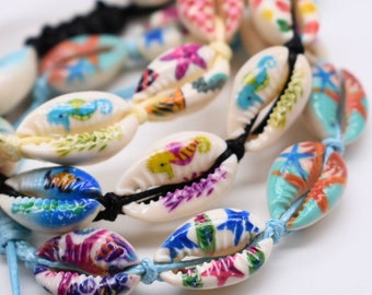 Colourful Patterned Cowrie Shell Bracelet Sea Shell Anklet Natural Shell Bracelet Cowry Kauri Shell Ibiza Bracelet