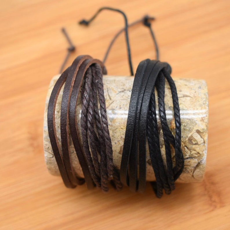 Mens Leather Bracelet Woven Braided Adjustable Brown or Black Gifts for Him image 4