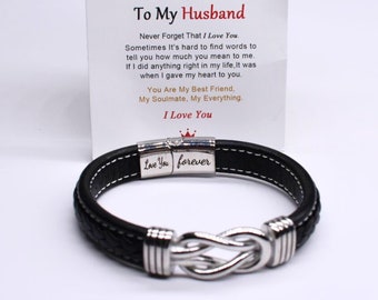 To My Husband Engraved Leather Bracelet Infinity Knot Love you Forever Stainless Steel Magnetic Clasp Valentines Gift Personalised Gift Tag