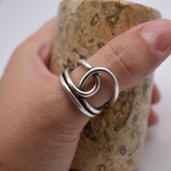 Big Chunky Knot Thumb Ring Silver Statement Ring Unique Adjustable Weaved Ring Gift For Her Personalised Gift Tag