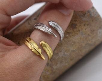 Feather or Arrow Wrap Ring Sterling Silver 18k Gold Plated Adjustable Mens or Ladies Personalised Gift Tag