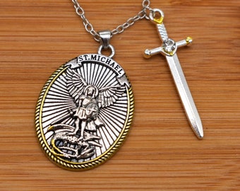 St Michael Archangel Necklace Vintage Religious Medal Shield Knight Pendant Religious Creative Jewellery Personalised Gift Tag