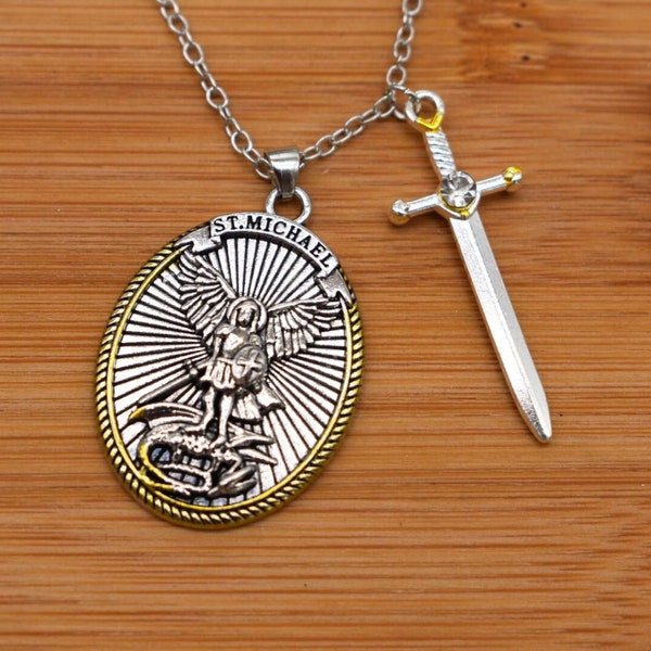 St Michael Archangel Necklace Vintage Religious Medal Shield Knight Pendant Religious Creative Jewellery Personalised Gift Tag