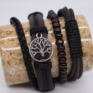 Mens Leather Bracelet Woven Braided Adjustable Brown or Black Gifts for Him Tree of Life Wrap