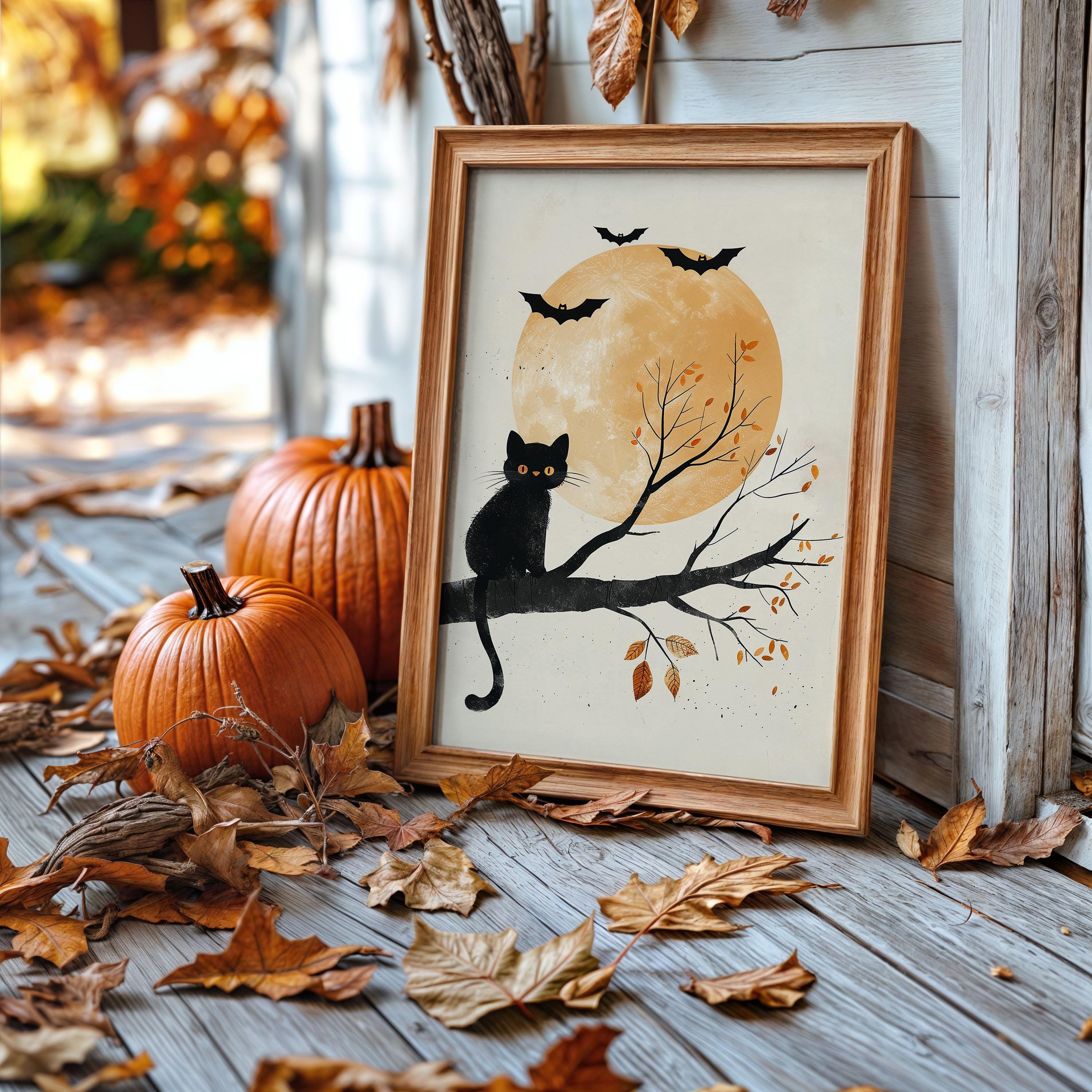 PRINTABLE Halloween Kitty and Bats Art Print for Fall Ghost Poster for ...