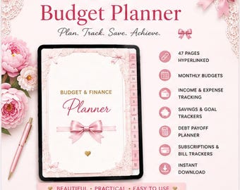 May include: A digital budget planner displayed on a tablet screen with a pink bow theme, featuring text that reads "DIGITAL Budget Planner," "Plan. Track. Save. Achieve.," and "BUDGET & FINANCE Planner." Includes a pink pen and list of features.