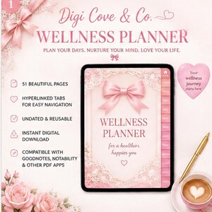 May include: A digital wellness planner displayed on a tablet screen with a pink lace theme, a central bow, and text reading Digi Cove & Co. WELLNESS PLANNER. Features include 51 pages, hyperlinked tabs, and compatibility with Goodnotes and Notability.
