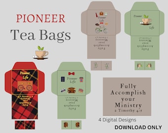 May include: Four digital designs for tea bag packaging featuring a red and black plaid pattern, a green and white pattern, and a brown and white pattern. The designs include the text "Pioneer Life" and "Fully Accomplish Your Ministry 2 Timothy 4:5".