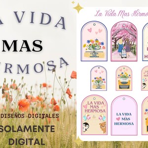 Pu&ograve; includere: Sei etichette regalo digitali stampabili con il testo "La Vida Mas Hermosa" in una variet&agrave; di design con fiori, una macchina da scrivere, un pinguino, un orso e un ciliegio in fiore.