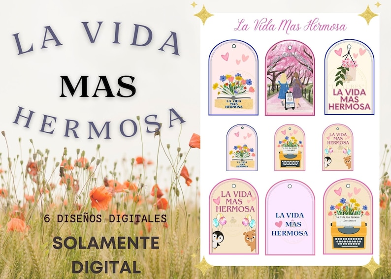Pu&ograve; includere: Sei etichette regalo digitali stampabili con il testo "La Vida Mas Hermosa" in una variet&agrave; di design con fiori, una macchina da scrivere, un pinguino, un orso e un ciliegio in fiore.