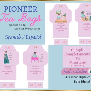 Peut inclure: Quatre designs numériques pour des enveloppes de sachets de thé avec des illustrations de femmes dans différents contextes. Le texte sur les enveloppes est "No Hay Vida Mejor" et "Cumple Completamente Tu Ministerio 2 Timoteo 4:5". Le texte en bas est "Joeali collection 4 Diseños Digitales Solo Digital".