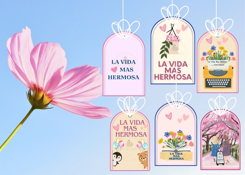 Pu&ograve; includere: Cinque etichette regalo rosa e bianche con il testo "La Vida Mas Hermosa" (La vita pi&ugrave; bella) in spagnolo. Ogni etichetta presenta un'illustrazione diversa, tra cui una casetta per uccelli con fiori, una macchina da scrivere, un libro con fiori, un pinguino e un orso, e una donna che cammina sotto un albero di ciliegio.