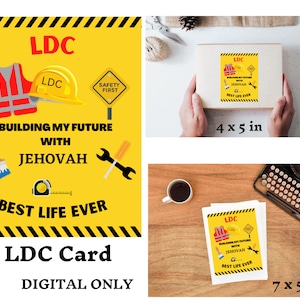 May include: A yellow LDC card with construction-themed graphics, including a hard hat, vest, and tools. Text includes "Building My Future With Jehovah" and "Best Life Ever." The card is available in a 4 x 5 inch and 7 x 5 inch size.