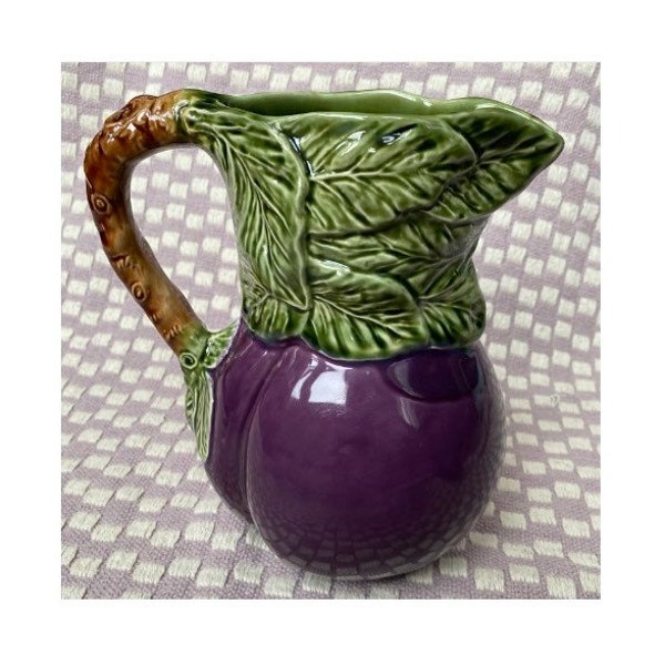 Beautiful OLFAIRE Majolica Purple & Green EGGPLANT PITCHER 9.5” Made in Portugal