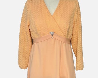 Vintage 1970's Peach Maxi Wrap Knit Top Dress Broach Belt 40" EUC