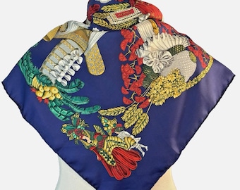 Vtg 90's Hermes "Chapeau!" Silk Scarf by Annie Faivre Blue Red 90cm 35" Sq EUC