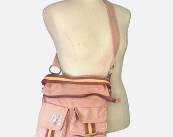 Vintage Y2K American Eagle Pink Canvas Hobo Bag Purse Adj XBody Stripe Detail