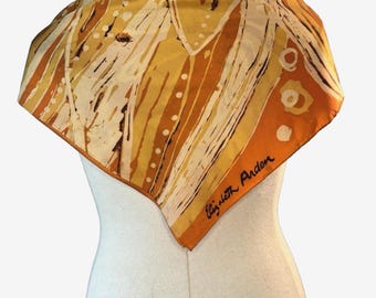 Vintage 1980's Elizabeth Arden Signed Orange Floral Acetate Scarf 27" Sq EUC