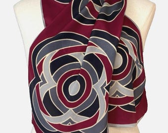 Vintage 1970's Hattie Carnegie Geometric Red Black Silk Scarf 13"x51"