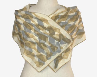Vintage Signed Vera Neumann Tan/Blue Abstract Poly Scarf 11"x52"