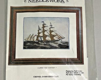Vintage 1976 Currier & Ives Crewel Embroidery Kit Clipper Ship #2406 14"x18" NIP