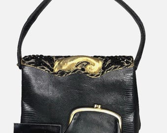 Vtg 50's Saks Fifth Avenue France Bk Reptile Leather Jeweled Top Handbag Purse