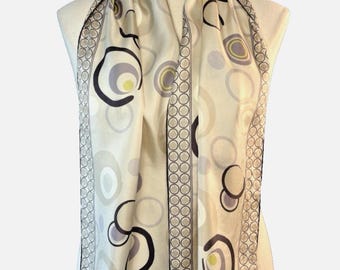 Vintage 1990's Liz Claiborne Silk Scarf Beige Geometric Hand Rolled 13"x60" EUC