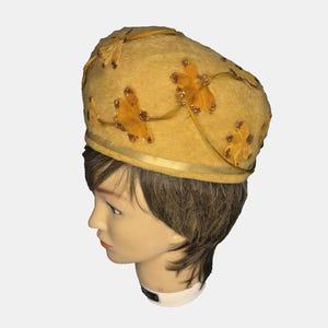 Vintage Custom Made Floral Orange Brown Gold Lurex Pill Box Hat M Orange and Yellow Floral Pillbox Hat By. Union Made, Vintage  main image 2