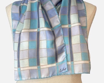 Vintage 1960's Echo Silk Hand Rolled Scarf Blue Purple Plaid 15"x44"