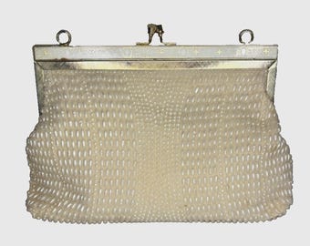 Vintage 1960's Fine Arts Bag Co Ivory Faux Pearl Beaded Purse Evening Bag