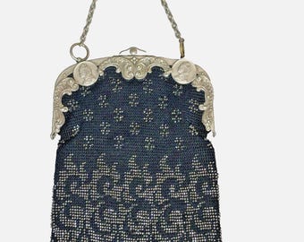 Antique Victorian 1900's Black Silver Beaded Chatelaine Purse Bag Leather Lined