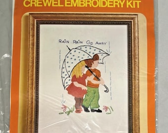 Vintage 1974 Pauline Denham Crewel Embroidery Kit # 6053 Rain Go Away 8"x10" NIP
